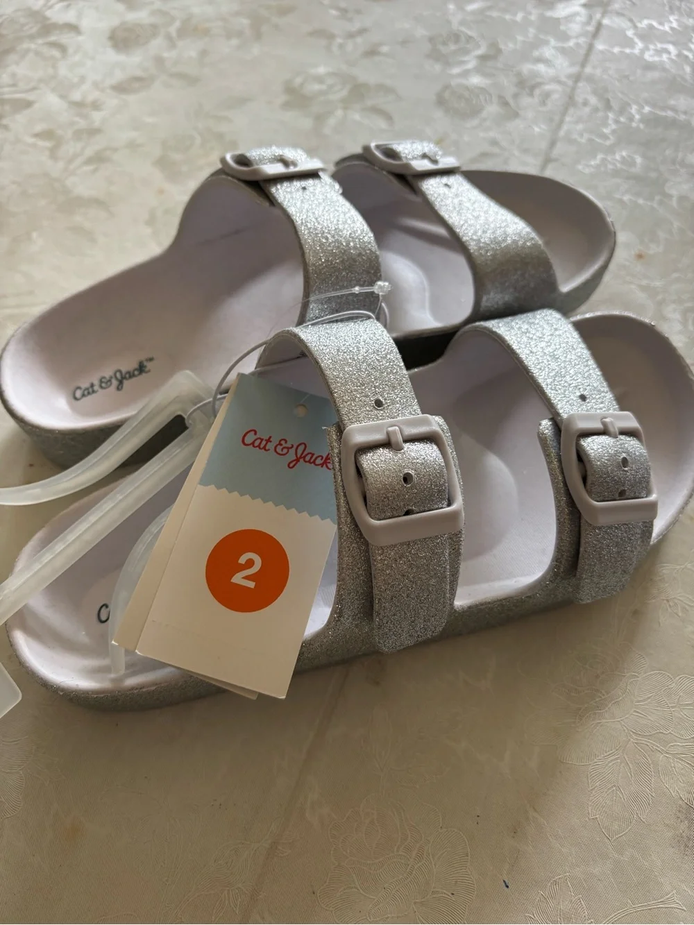 Cat & Jack Silver Glitter Double-Buckle Kids Sandals size 2